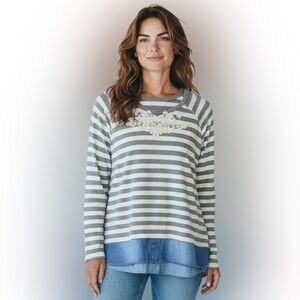 Cato Striped Long Sleeve Top with Blue Hem